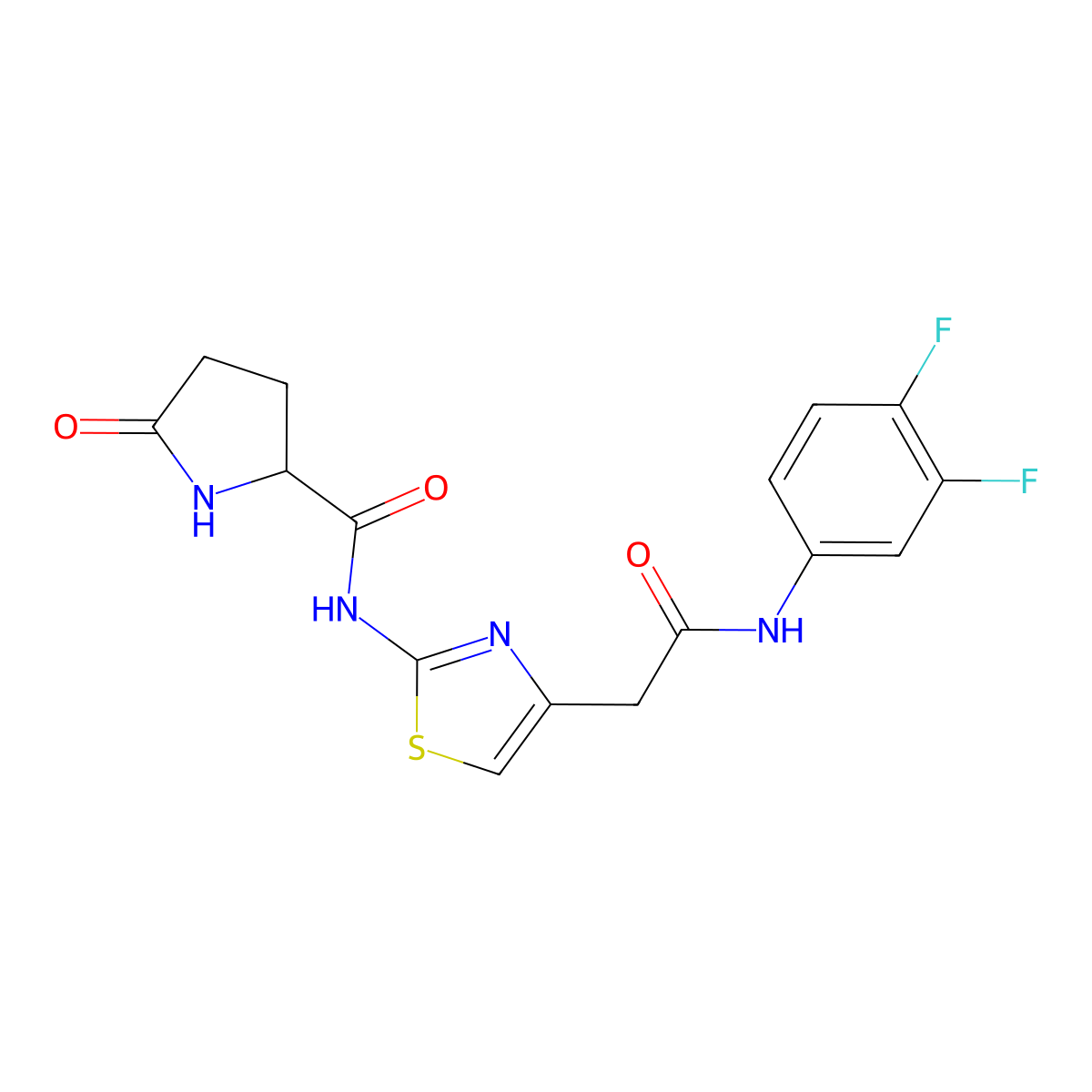 N-(4-(2-((3,4-difluorophenyl)amino)-2-oxoethyl)thiazol-2-yl)-5-oxopyrrolidine-2-carboxamide molecular structure, CAS 1048678-35-8