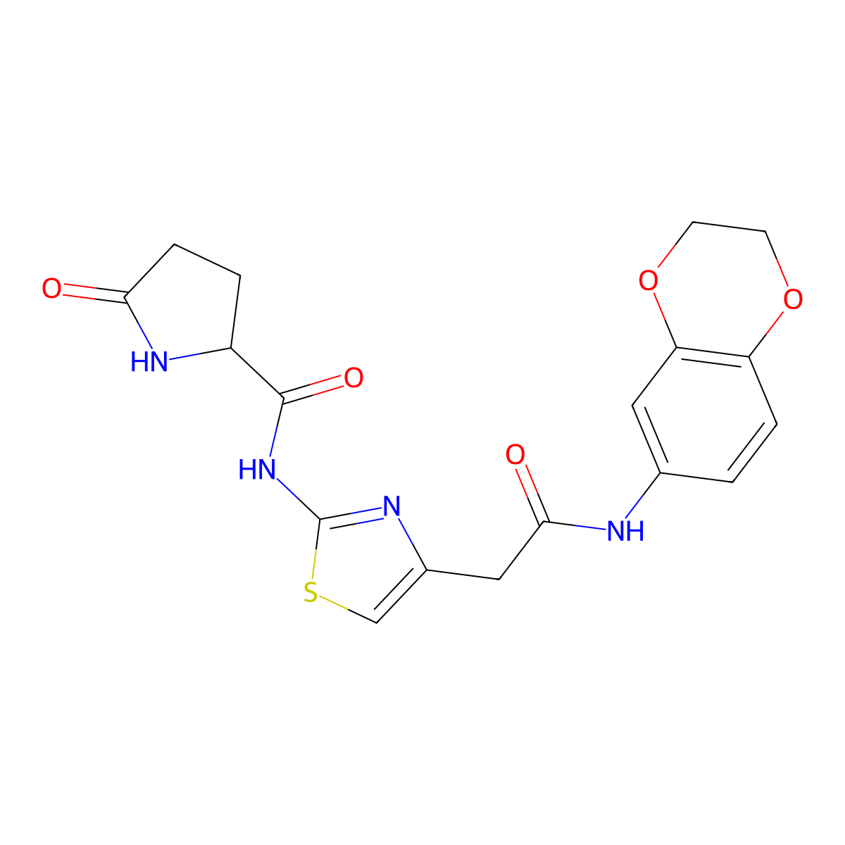 N-(4-(2-((2,3-dihydrobenzo[b][1,4]dioxin-6-yl)amino)-2-oxoethyl)thiazol-2-yl)-5-oxopyrrolidine-2-carboxamide molecular structure, CAS 1048678-48-3