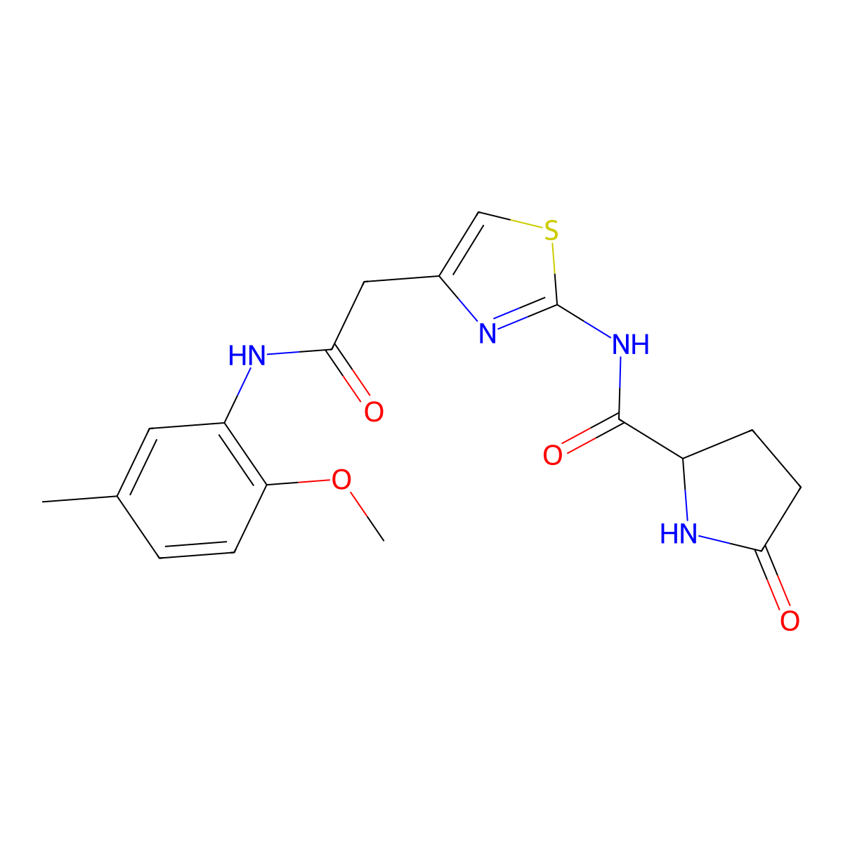 N-(4-(2-((2-methoxy-5-methylphenyl)amino)-2-oxoethyl)thiazol-2-yl)-5-oxopyrrolidine-2-carboxamide molecular structure, CAS 1048678-54-1