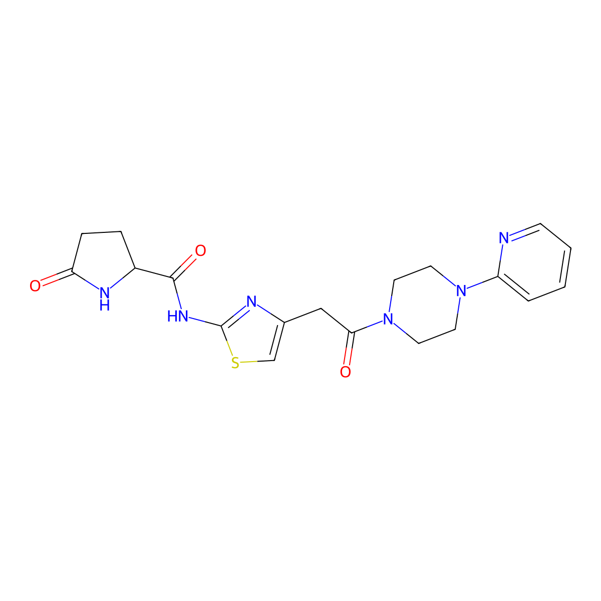 5-oxo-N-(4-(2-oxo-2-(4-(pyridin-2-yl)piperazin-1-yl)ethyl)thiazol-2-yl)pyrrolidine-2-carboxamide molecular structure, CAS 1048679-10-2