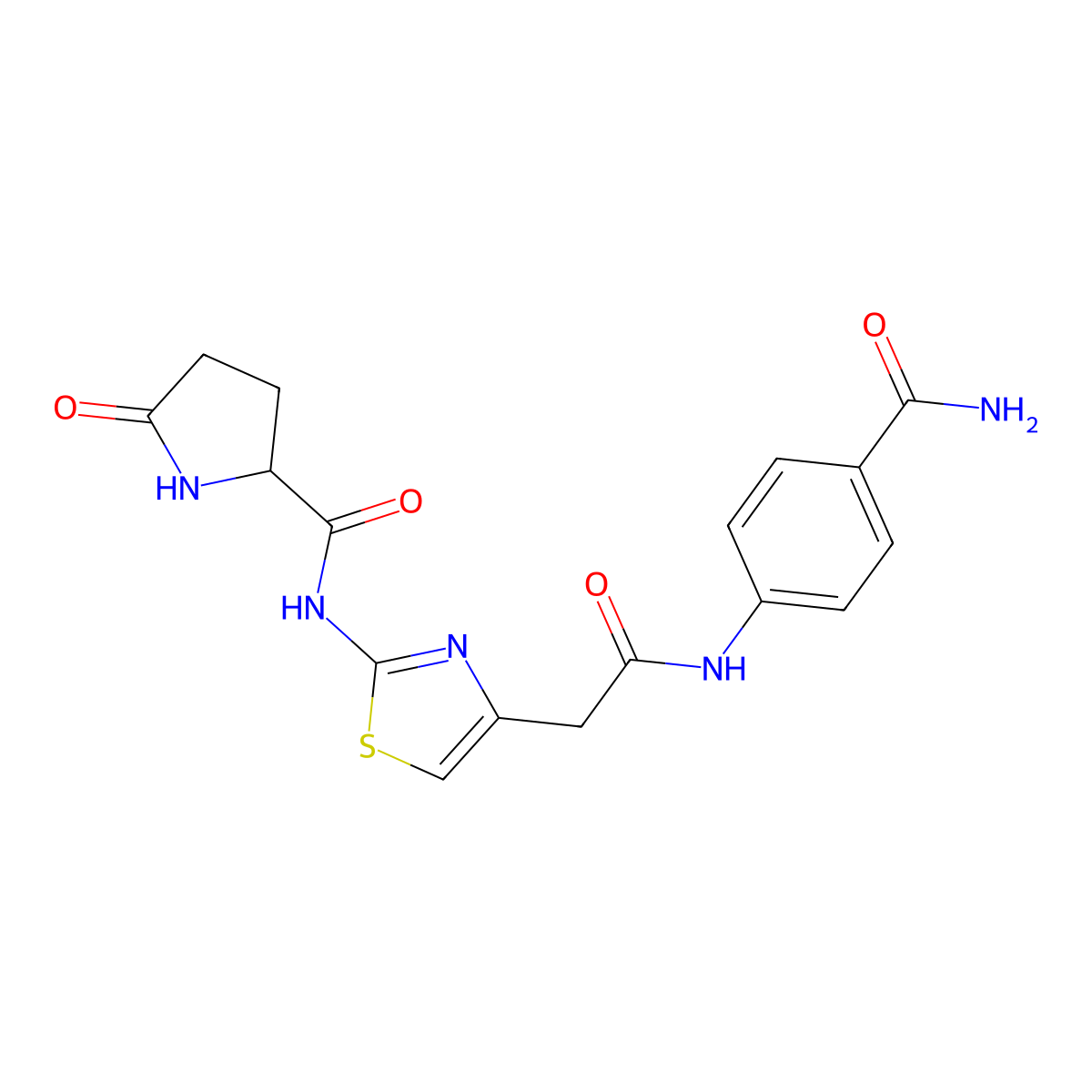 N-(4-(2-((4-carbamoylphenyl)amino)-2-oxoethyl)thiazol-2-yl)-5-oxopyrrolidine-2-carboxamide molecular structure, CAS 1048679-26-0