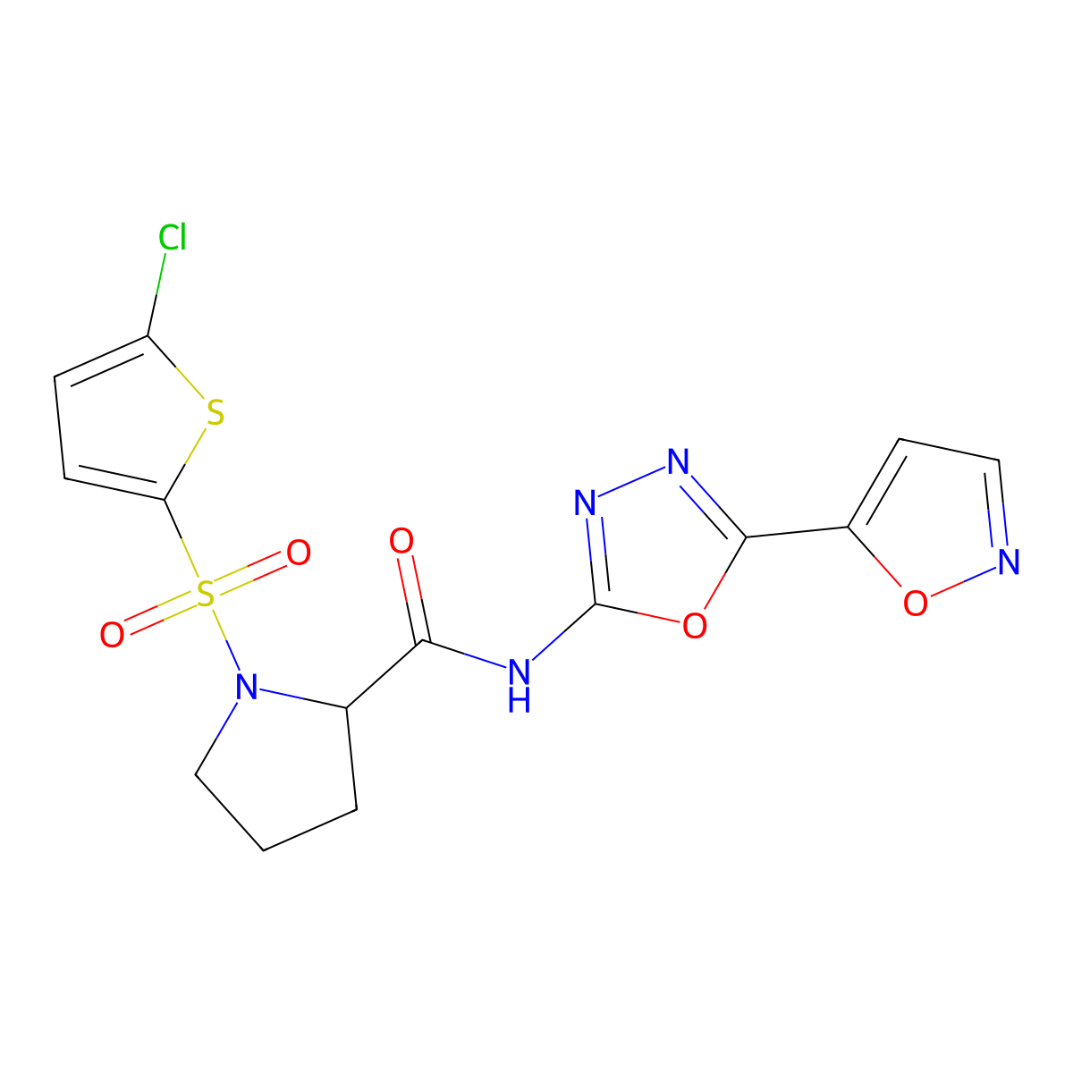1-((5-chlorothiophen-2-yl)sulfonyl)-N-(5-(isoxazol-5-yl)-1,3,4-oxadiazol-2-yl)pyrrolidine-2-carboxamide molecular structure, CAS 1048679-66-8