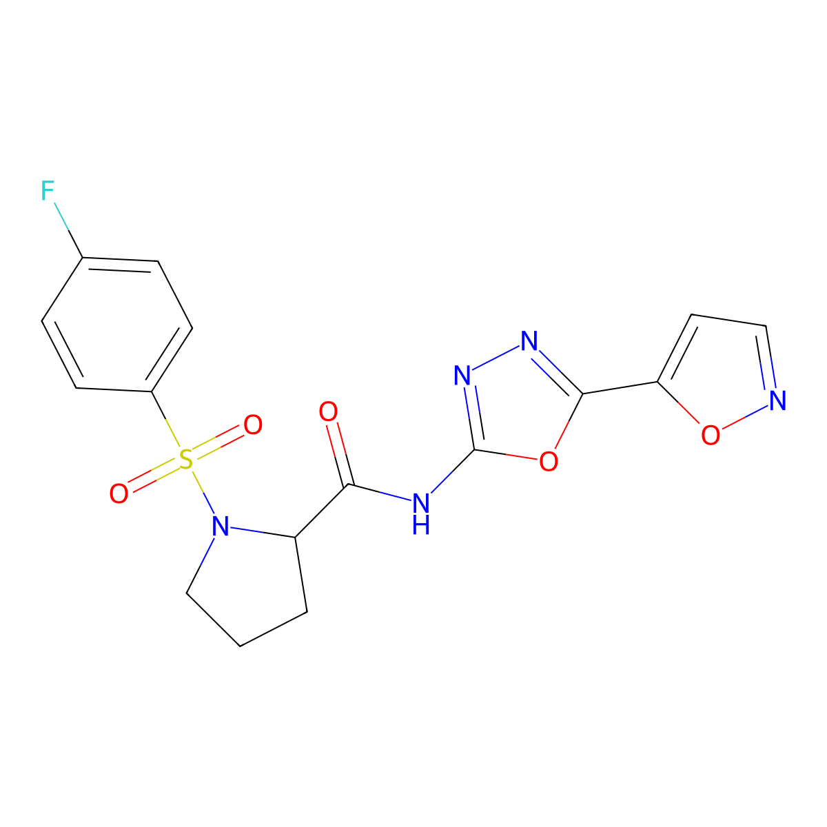 1-((4-fluorophenyl)sulfonyl)-N-(5-(isoxazol-5-yl)-1,3,4-oxadiazol-2-yl)pyrrolidine-2-carboxamide molecular structure, CAS 1048679-74-8