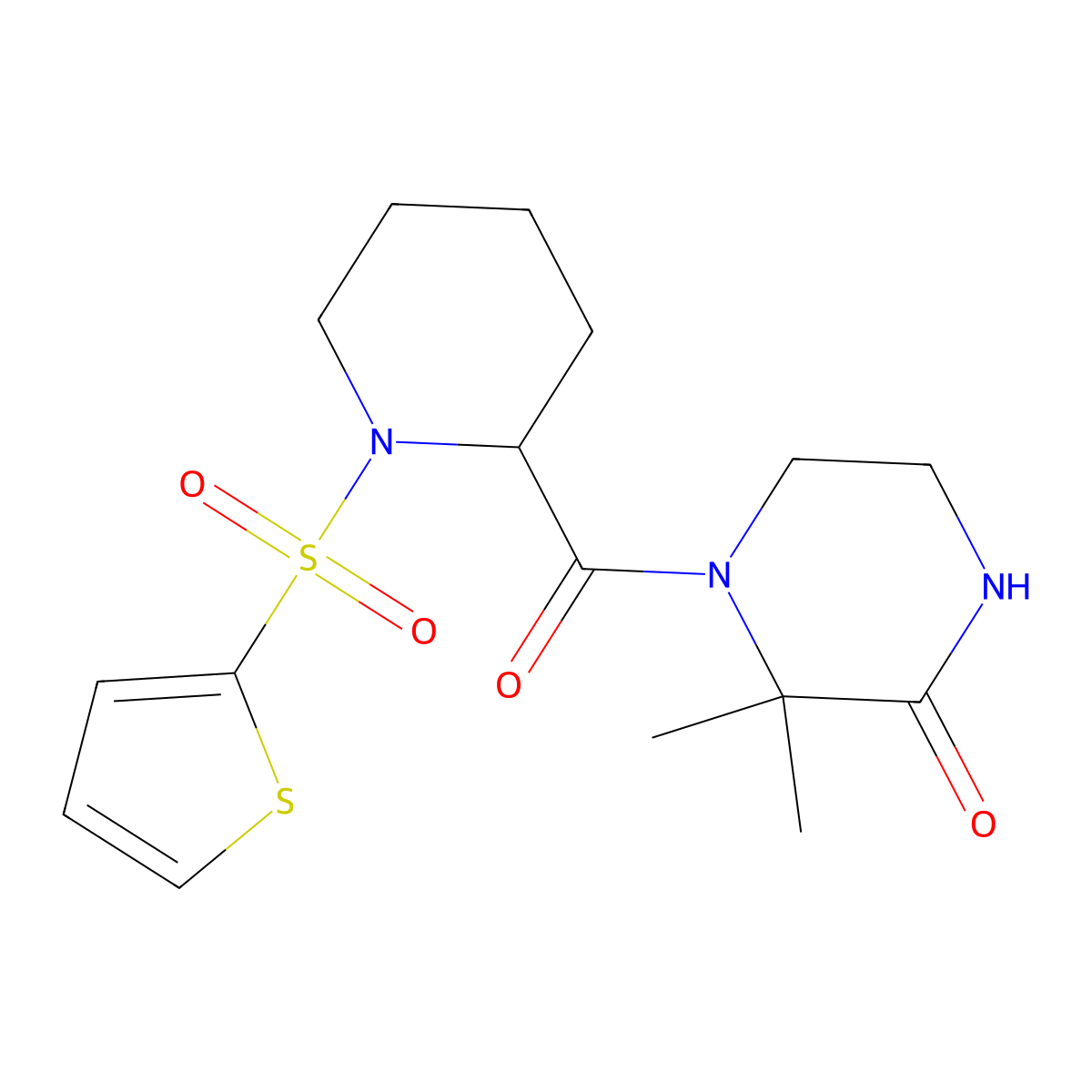 3,3-Dimethyl-4-(1-(thiophen-2-ylsulfonyl)piperidine-2-carbonyl)piperazin-2-one molecular structure, CAS 1048679-85-1