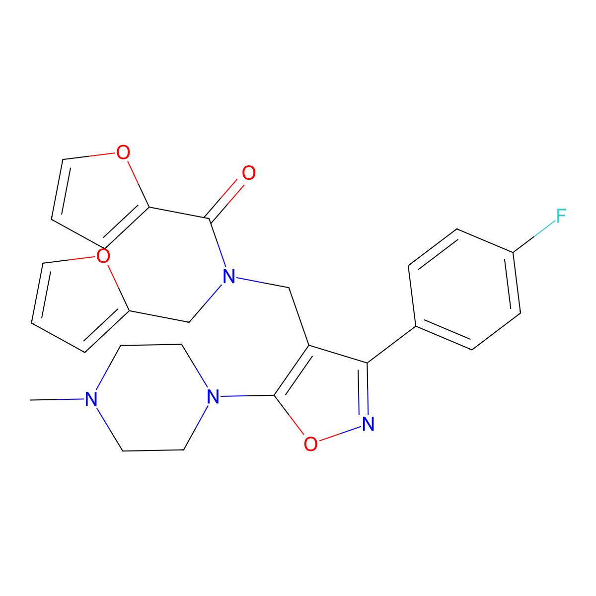 N~2~-{[3-(4-fluorophenyl)-5-(4-methylpiperazino)-4-isoxazolyl]methyl}-N~2~-(2-furylmethyl)-2-furamide molecular structure, CAS 1048913-06-9