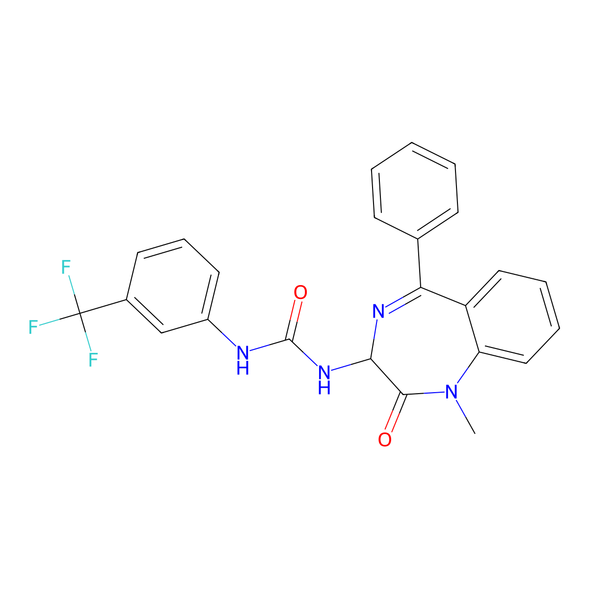 1-(1-Methyl-2-oxo-5-phenyl-2,3-dihydro-1H-benzo[e][1,4]diazepin-3-yl)-3-(3-trifluoromethyl-phenyl)-urea molecular structure, CAS 1048916-06-8