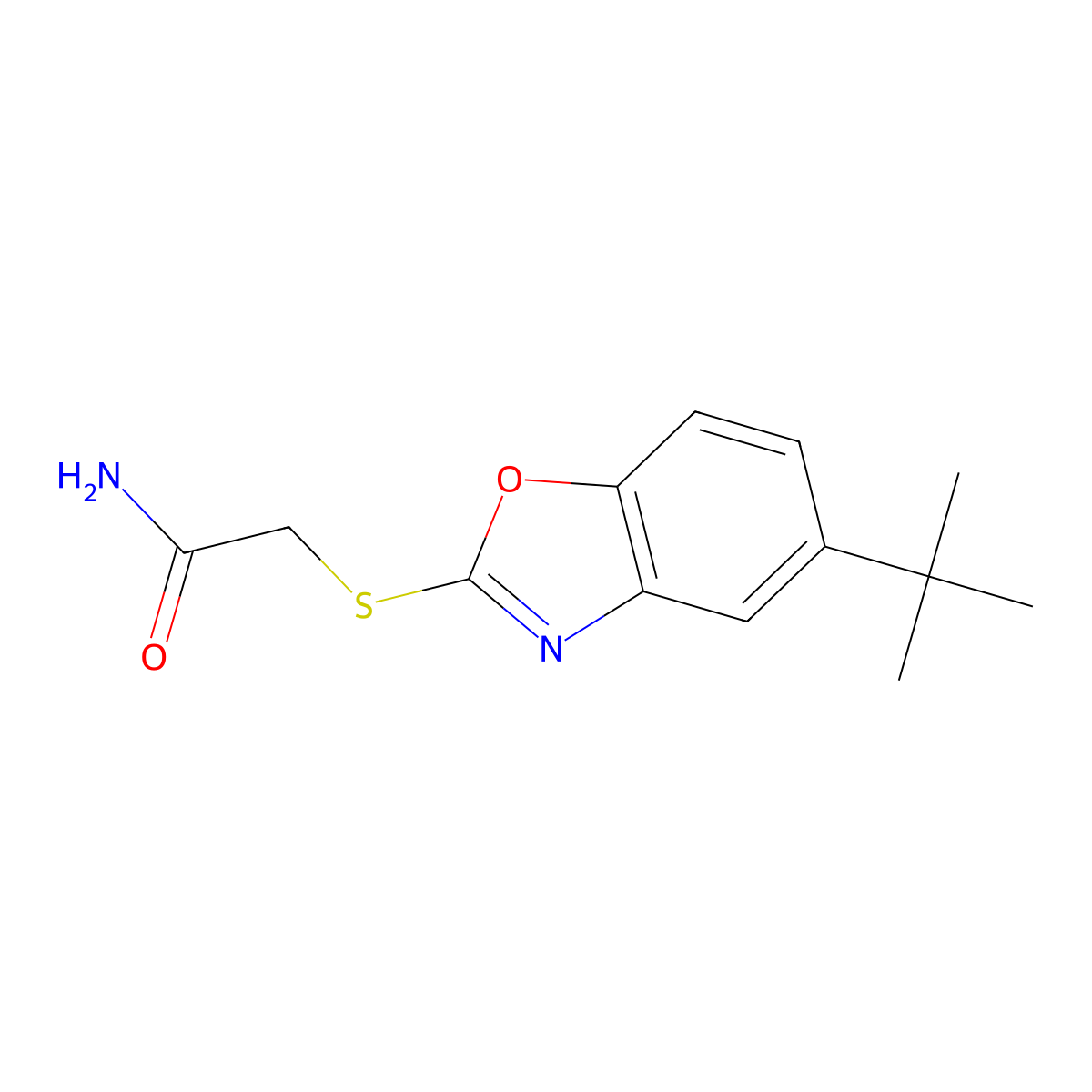 2-[(5-Tert-butyl-1,3-benzoxazol-2-yl)thio]acetamide molecular structure, CAS 1048917-53-8