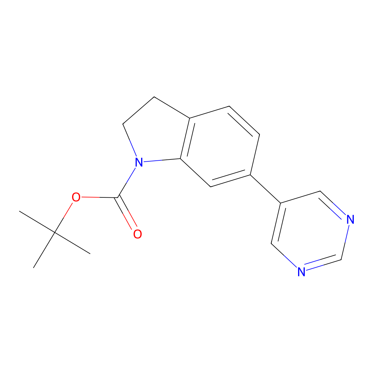 1h-Indole-1-carboxylic acid,2,3-dihydro-6-(5-pyrimidinyl)-,1,1-dimethylethyl ester molecular structure, CAS 1049001-56-0