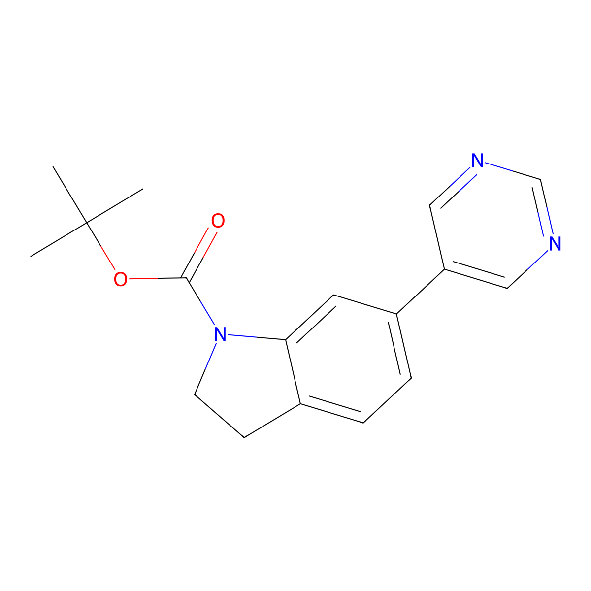 1h-Indole-1-carboxylic acid,2,3-dihydro-6-(5-pyrimidinyl)-,1,1-dimethylethyl ester molecular structure, CAS 1049001-56-0