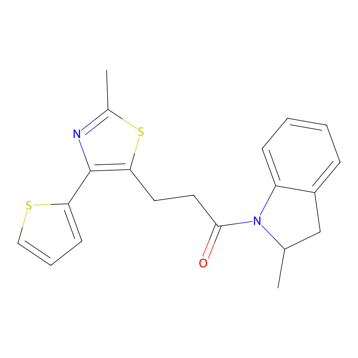 3-(2-Methyl-4-(thiophen-2-yl)thiazol-5-yl)-1-(2-methylindolin-1-yl)propan-1-one molecular structure, CAS 1049030-34-3