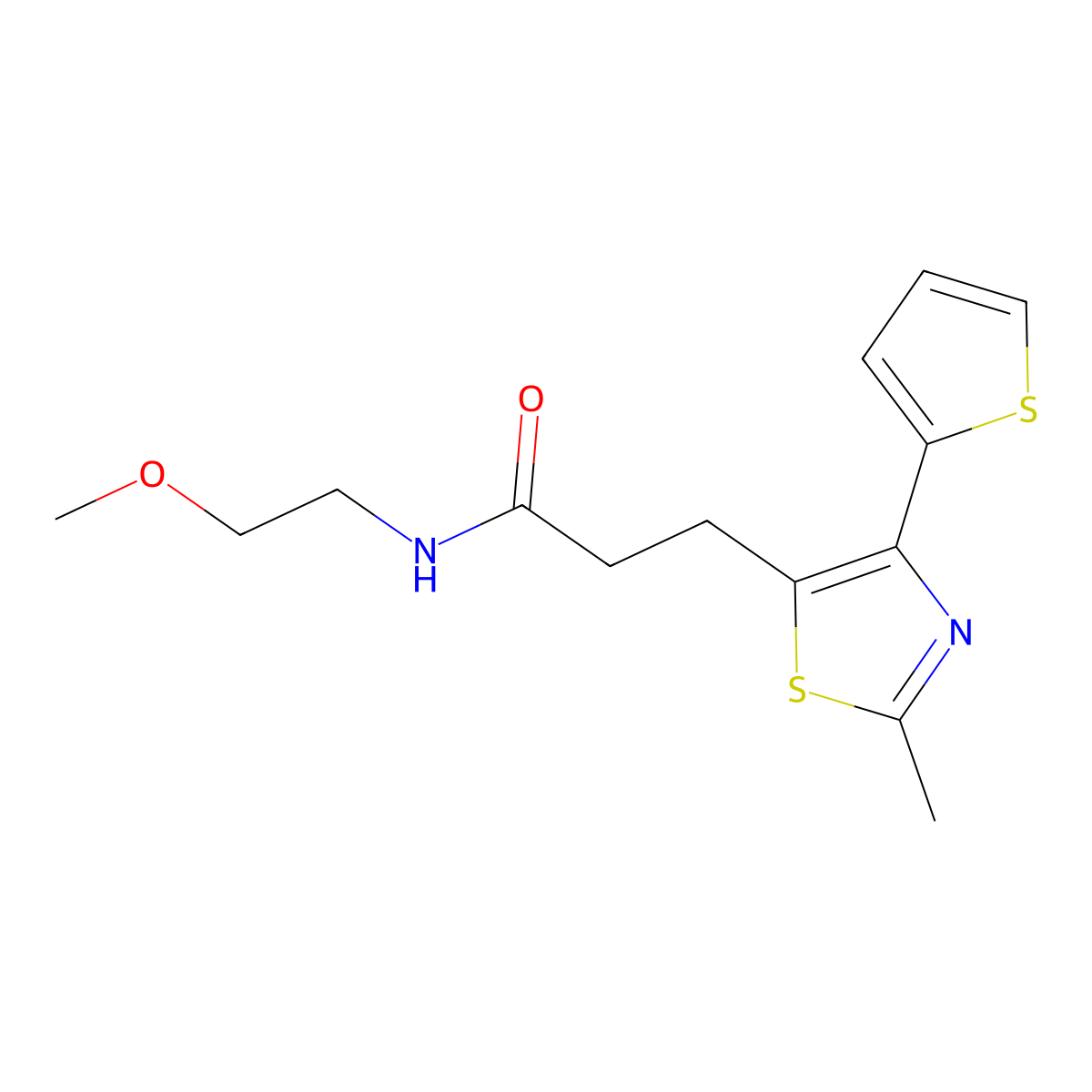 N-(2-methoxyethyl)-3-(2-methyl-4-(thiophen-2-yl)thiazol-5-yl)propanamide molecular structure, CAS 1049030-52-5