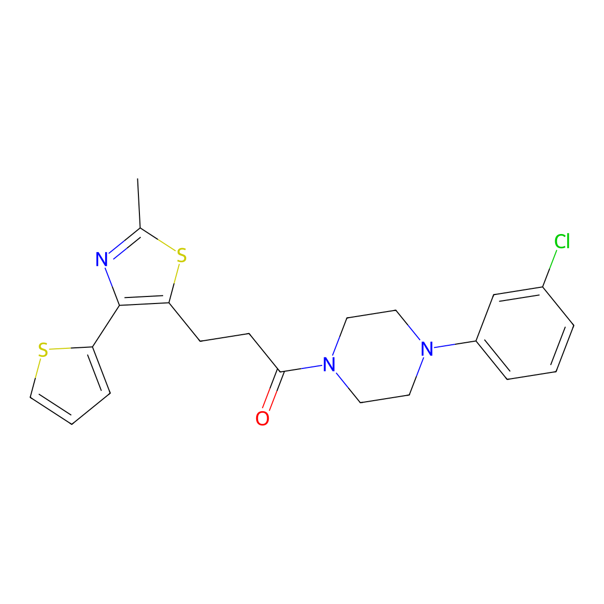 1-(4-(3-Chlorophenyl)piperazin-1-yl)-3-(2-methyl-4-(thiophen-2-yl)thiazol-5-yl)propan-1-one molecular structure, CAS 1049030-53-6