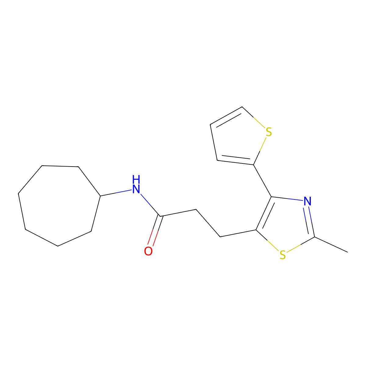 N-cycloheptyl-3-(2-methyl-4-(thiophen-2-yl)thiazol-5-yl)propanamide molecular structure, CAS 1049030-55-8