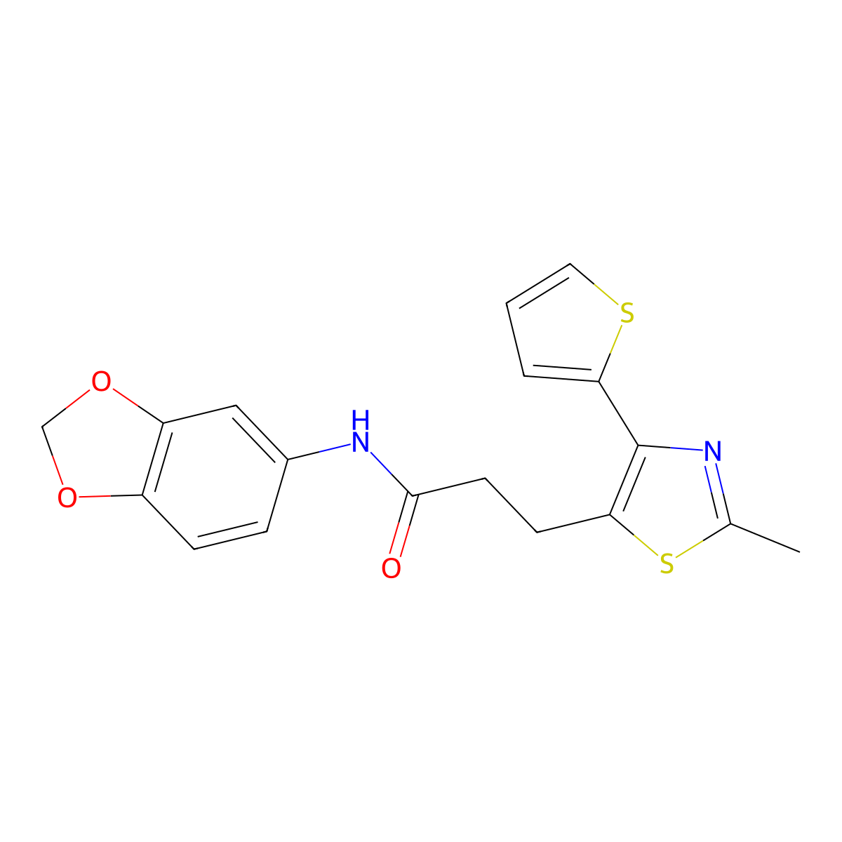 N-(benzo[d][1,3]dioxol-5-yl)-3-(2-methyl-4-(thiophen-2-yl)thiazol-5-yl)propanamide molecular structure, CAS 1049030-56-9