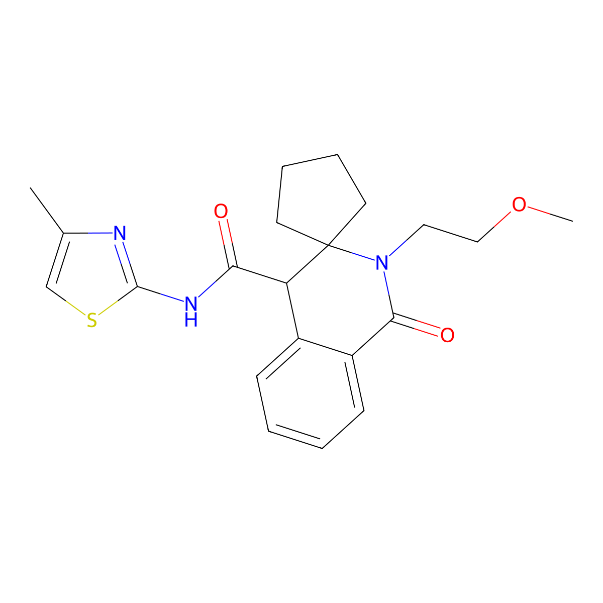 2'-(2-methoxyethyl)-N-(4-methyl-1,3-thiazol-2-yl)-1'-oxo-1',4'-dihydro-2'H-spiro[cyclopentane-1,3'-isoquinoline]-4'-carboxamide molecular structure, CAS 1049109-96-7