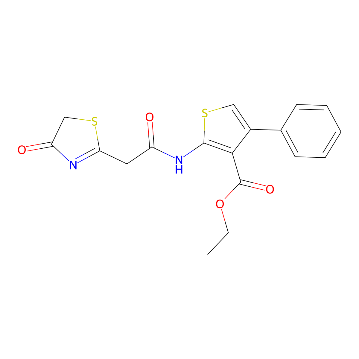 Ethyl 2-(2-(4-oxo-4,5-dihydrothiazol-2-yl)acetamido)-4-phenylthiophene-3-carboxylate molecular structure, CAS 1049120-43-5