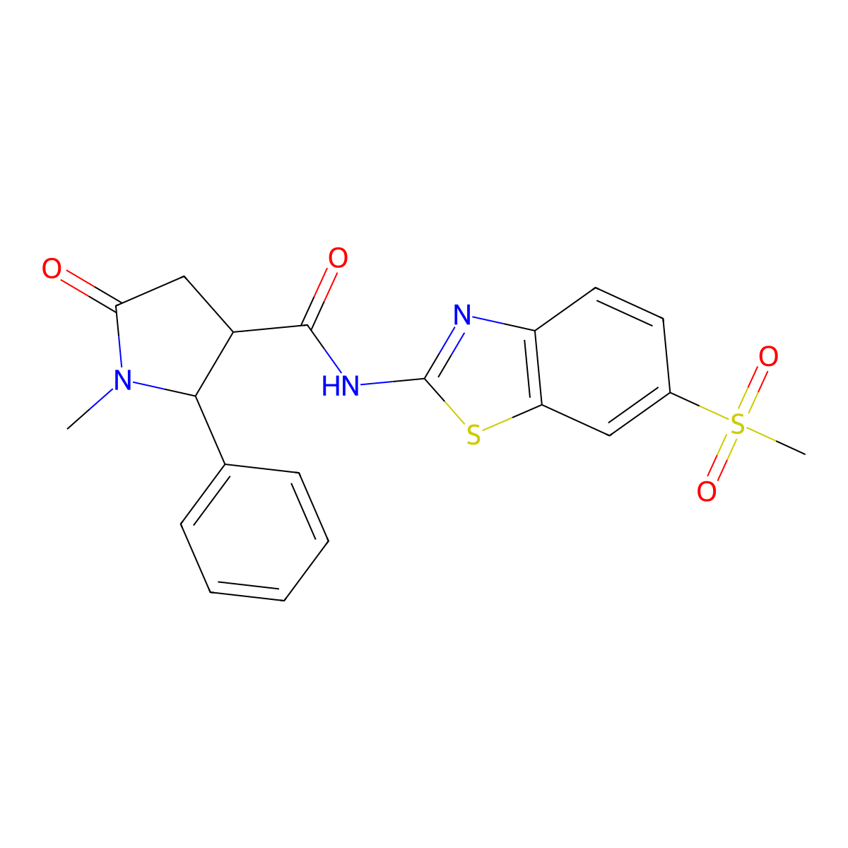 1-methyl-N-[6-(methylsulfonyl)-1,3-benzothiazol-2-yl]-5-oxo-2-phenylpyrrolidine-3-carboxamide molecular structure, CAS 1049123-30-9