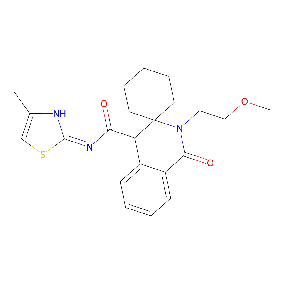 2'-(2-methoxyethyl)-N-(4-methyl-1,3-thiazol-2-yl)-1'-oxo-1',4'-dihydro-2'H-spiro[cyclohexane-1,3'-isoquinoline]-4'-carboxamide molecular structure, CAS 1049123-57-0