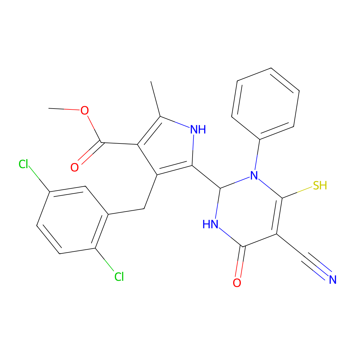 1H-Pyrrole-3-carboxylic acid, 5-(5-cyano-1,2,3,4-tetrahydro-6-mercapto-4-oxo-1-phenyl-2-pyrimidinyl)-4-[(2,5-dichlorophenyl)methyl]-2-methyl-, methyl ester molecular structure, CAS 1049127-40-3