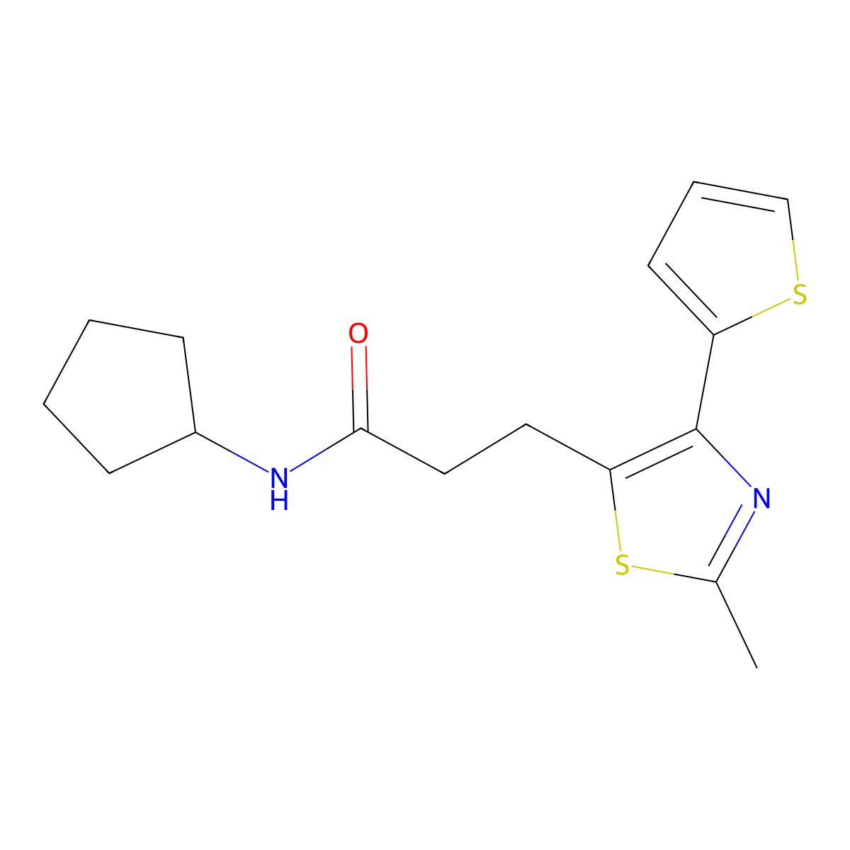 N-cyclopentyl-3-(2-methyl-4-(thiophen-2-yl)thiazol-5-yl)propanamide molecular structure, CAS 1049132-53-7