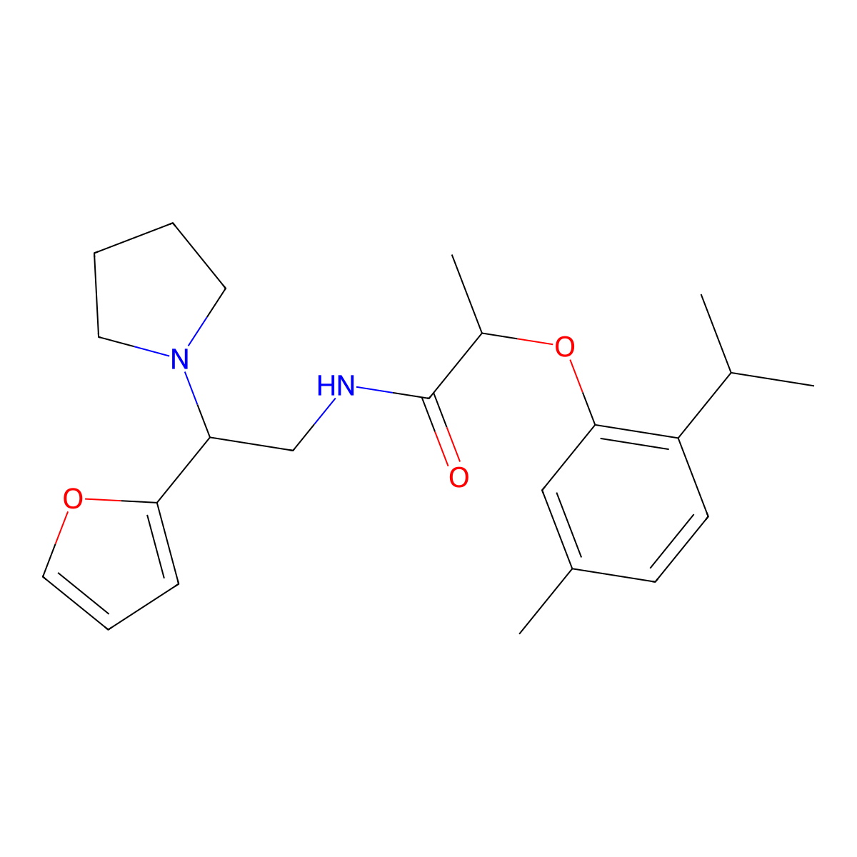 N-[2-(furan-2-yl)-2-(pyrrolidin-1-yl)ethyl]-2-[5-methyl-2-(propan-2-yl)phenoxy]propanamide molecular structure, CAS 1049137-76-9