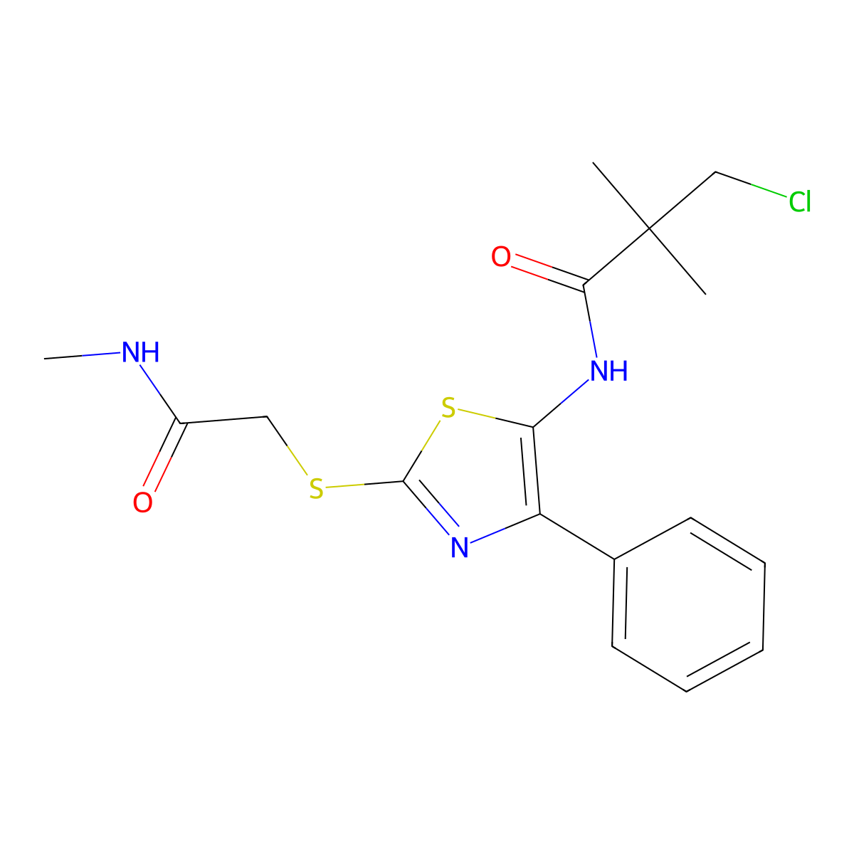 3-chloro-2,2-dimethyl-N-(2-{[(methylcarbamoyl)methyl]sulfanyl}-4-phenyl-1,3-thiazol-5-yl)propanamide molecular structure, CAS 1049171-73-4
