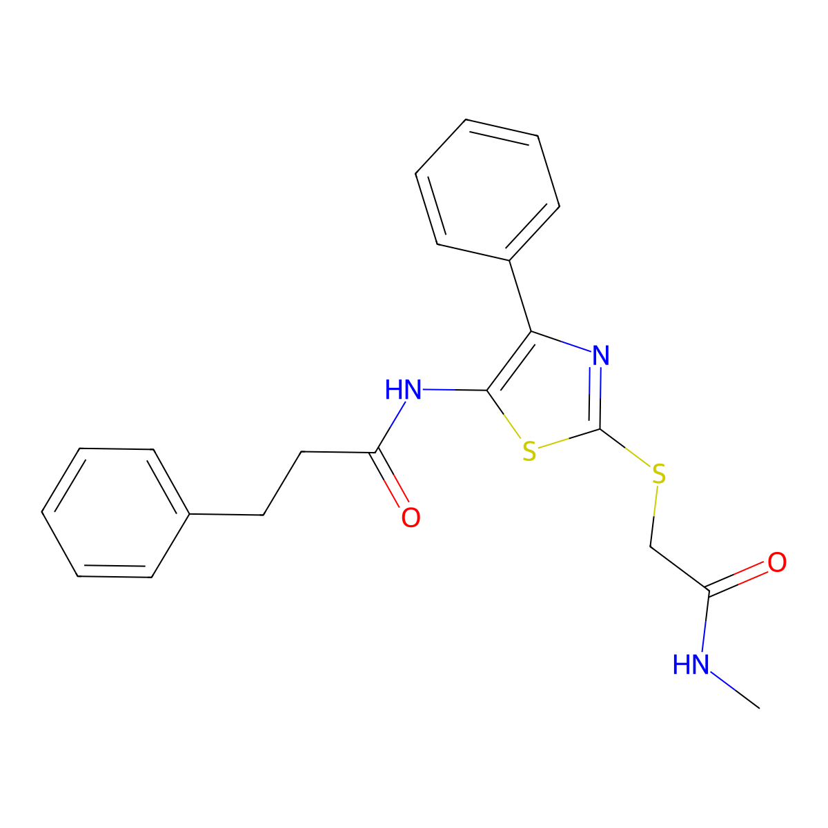 N-(2-((2-(methylamino)-2-oxoethyl)thio)-4-phenylthiazol-5-yl)-3-phenylpropanamide molecular structure, CAS 1049172-84-0