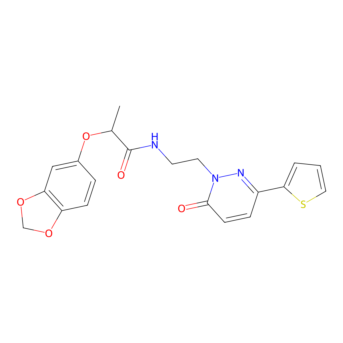 2-(benzo[d][1,3]dioxol-5-yloxy)-N-(2-(6-oxo-3-(thiophen-2-yl)pyridazin-1(6H)-yl)ethyl)propanamide molecular structure, CAS 1049174-32-4