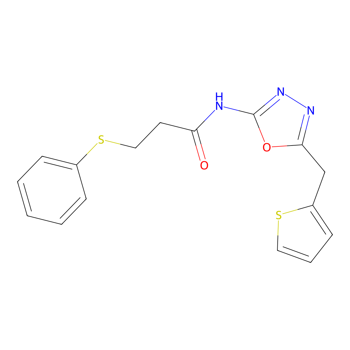 3-(phenylthio)-N-(5-(thiophen-2-ylmethyl)-1,3,4-oxadiazol-2-yl)propanamide molecular structure, CAS 1049174-68-6