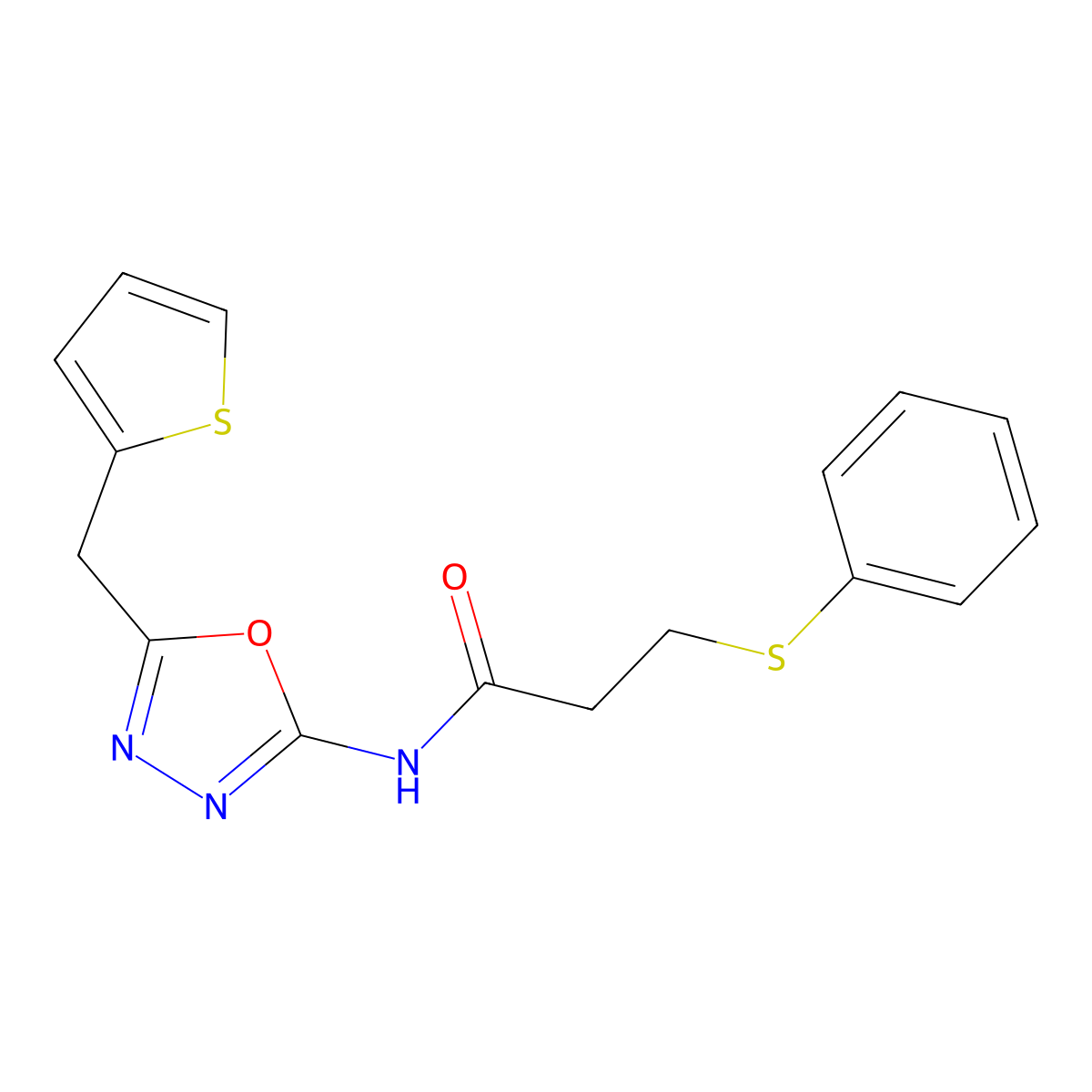 3-(phenylthio)-N-(5-(thiophen-2-ylmethyl)-1,3,4-oxadiazol-2-yl)propanamide molecular structure, CAS 1049174-68-6