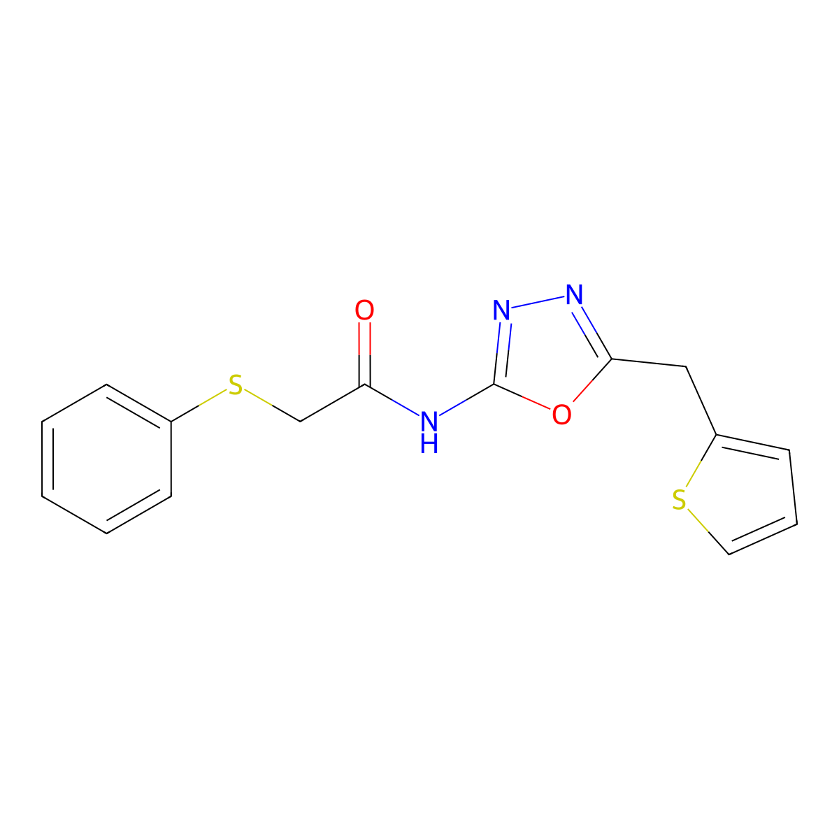 2-(phenylsulfanyl)-N-{5-[(thiophen-2-yl)methyl]-1,3,4-oxadiazol-2-yl}acetamide molecular structure, CAS 1049174-75-5