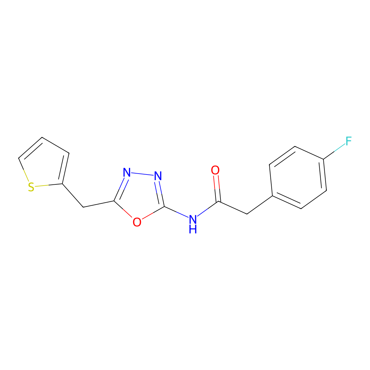 2-(4-fluorophenyl)-N-(5-(thiophen-2-ylmethyl)-1,3,4-oxadiazol-2-yl)acetamide molecular structure, CAS 1049174-97-1