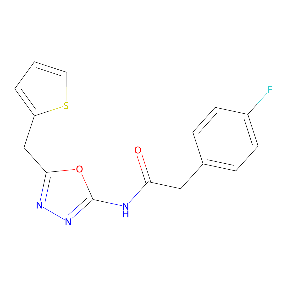 2-(4-fluorophenyl)-N-(5-(thiophen-2-ylmethyl)-1,3,4-oxadiazol-2-yl)acetamide molecular structure, CAS 1049174-97-1