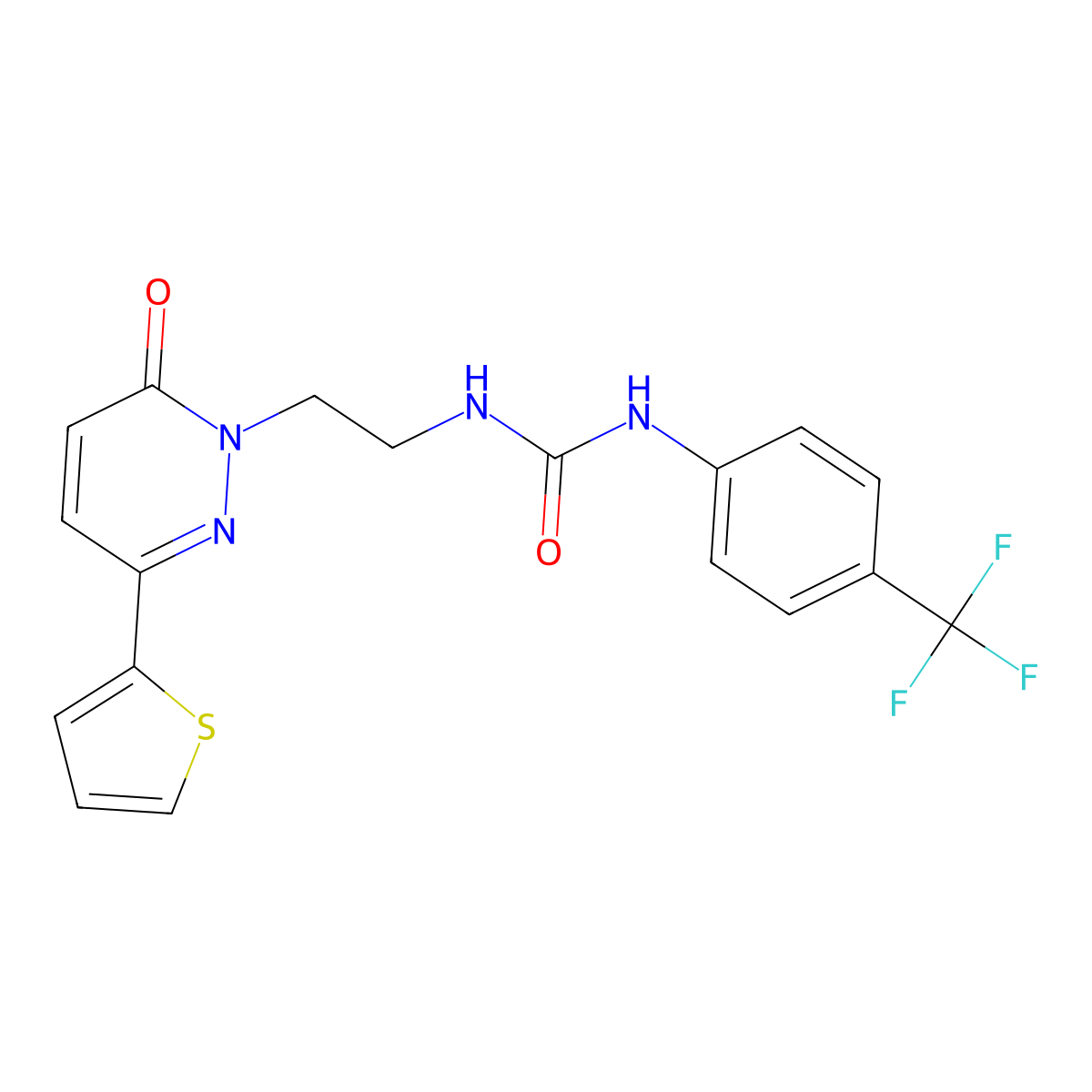 3-{2-[6-Oxo-3-(thiophen-2-yl)-1,6-dihydropyridazin-1-yl]ethyl}-1-[4-(trifluoromethyl)phenyl]urea molecular structure, CAS 1049175-22-5
