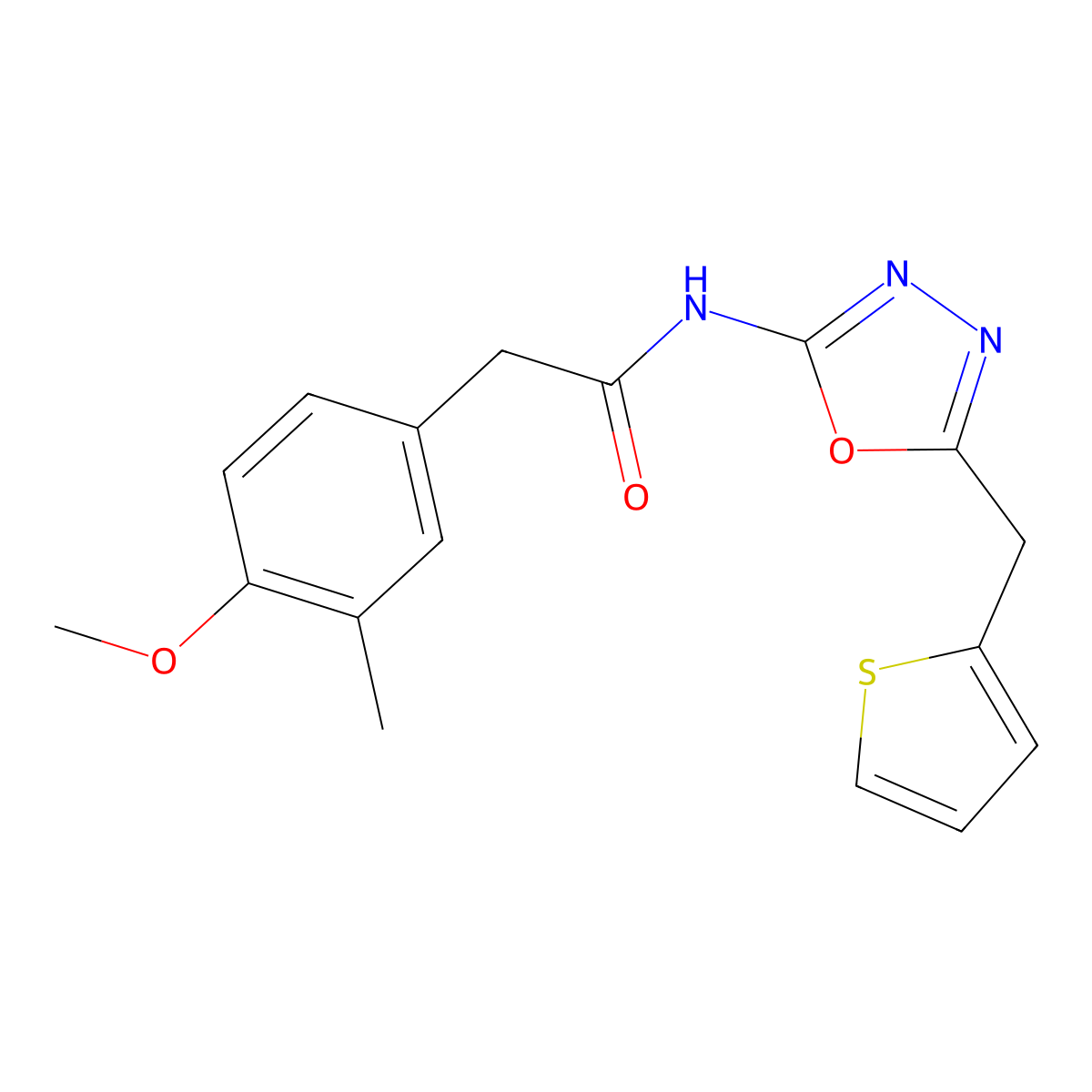 2-(4-methoxy-3-methylphenyl)-N-(5-(thiophen-2-ylmethyl)-1,3,4-oxadiazol-2-yl)acetamide molecular structure, CAS 1049175-51-0