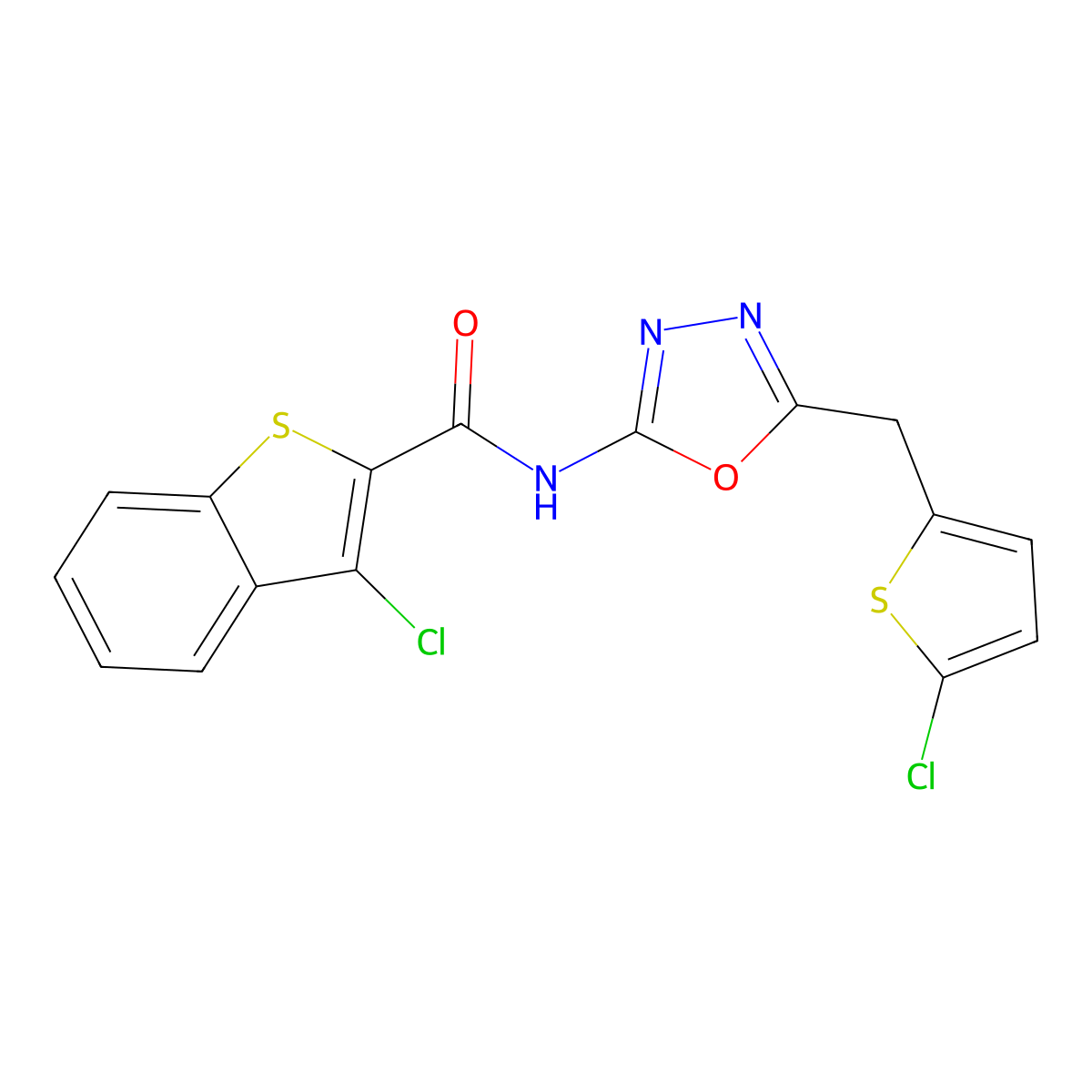 3-chloro-N-{5-[(5-chlorothiophen-2-yl)methyl]-1,3,4-oxadiazol-2-yl}-1-benzothiophene-2-carboxamide molecular structure, CAS 1049176-47-7