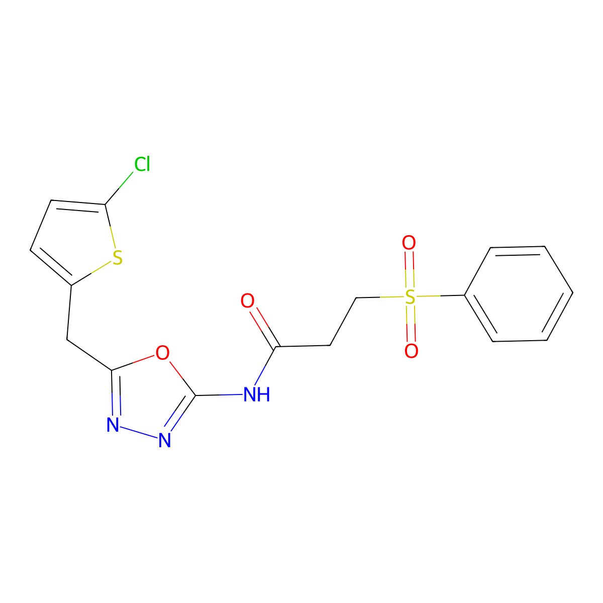 N-(5-((5-chlorothiophen-2-yl)methyl)-1,3,4-oxadiazol-2-yl)-3-(phenylsulfonyl)propanamide molecular structure, CAS 1049177-64-1