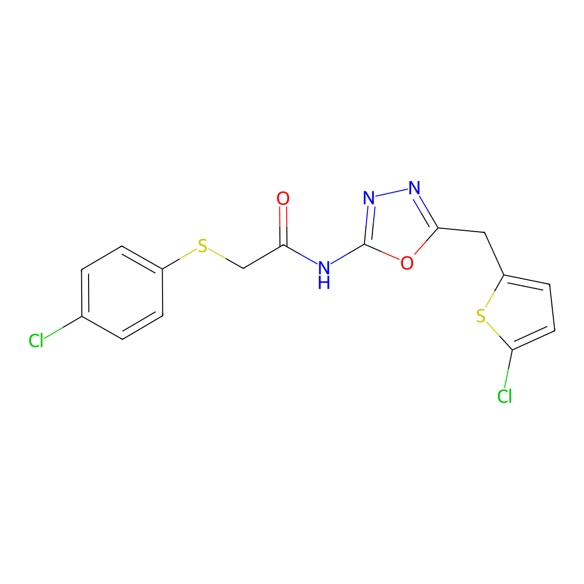 2-((4-chlorophenyl)thio)-N-(5-((5-chlorothiophen-2-yl)methyl)-1,3,4-oxadiazol-2-yl)acetamide molecular structure, CAS 1049177-80-1