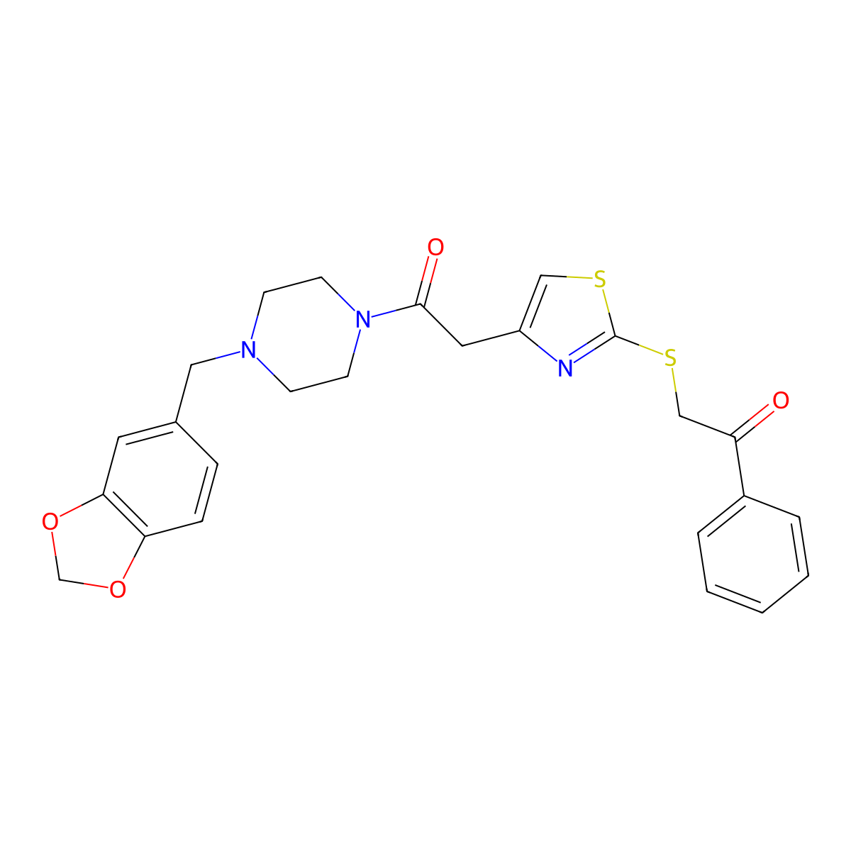 1-(4-(Benzo[d][1,3]dioxol-5-ylmethyl)piperazin-1-yl)-2-(2-((2-oxo-2-phenylethyl)thio)thiazol-4-yl)ethanone molecular structure, CAS 1049196-37-3