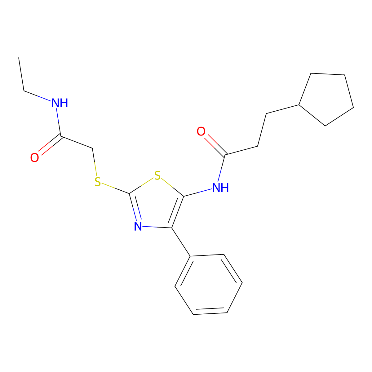 3-cyclopentyl-N-(2-((2-(ethylamino)-2-oxoethyl)thio)-4-phenylthiazol-5-yl)propanamide molecular structure, CAS 1049211-28-0