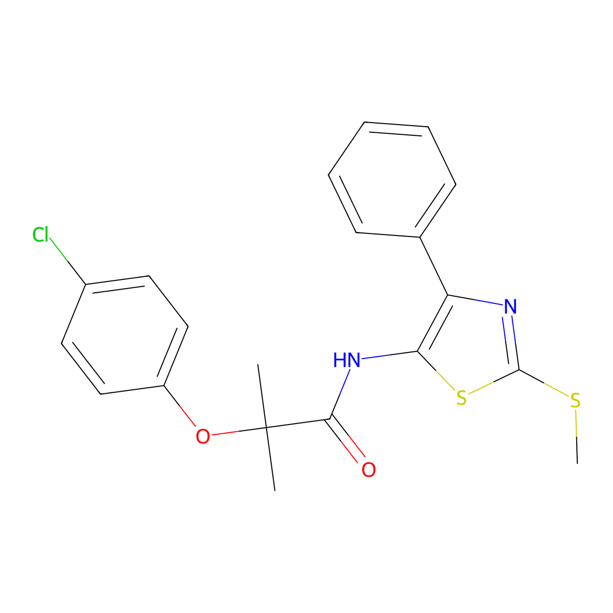 2-(4-chlorophenoxy)-2-methyl-N-(2-(methylthio)-4-phenylthiazol-5-yl)propanamide molecular structure, CAS 1049223-22-4
