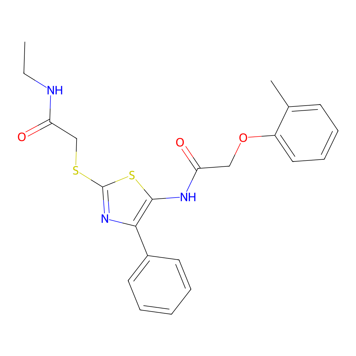 N-ethyl-2-((4-phenyl-5-(2-(o-tolyloxy)acetamido)thiazol-2-yl)thio)acetamide molecular structure, CAS 1049223-52-0