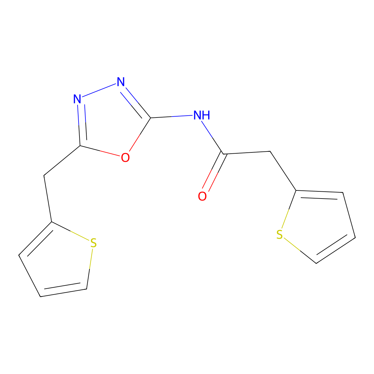 2-(thiophen-2-yl)-N-(5-(thiophen-2-ylmethyl)-1,3,4-oxadiazol-2-yl)acetamide molecular structure, CAS 1049223-94-0