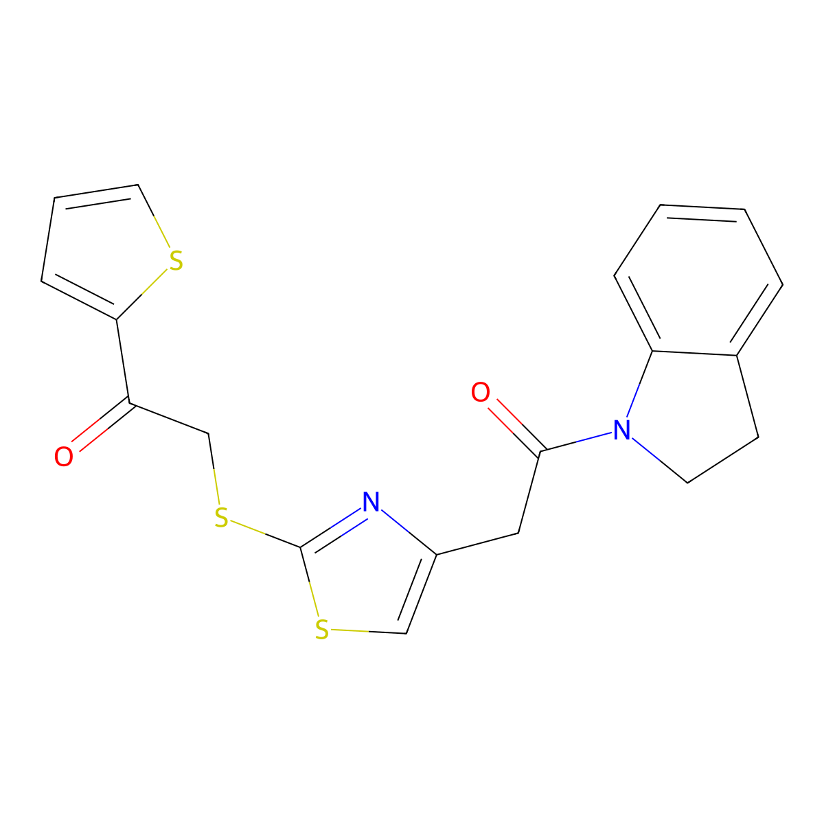 1-(Indolin-1-yl)-2-(2-((2-oxo-2-(thiophen-2-yl)ethyl)thio)thiazol-4-yl)ethanone molecular structure, CAS 1049228-13-8