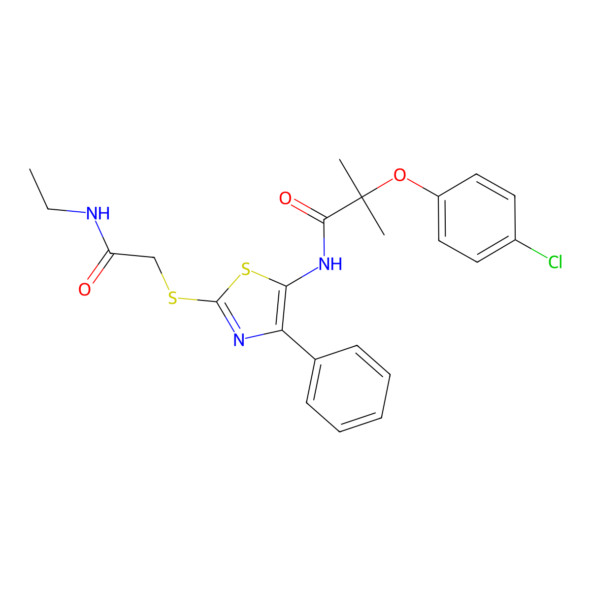 2-(4-chlorophenoxy)-N-(2-((2-(ethylamino)-2-oxoethyl)thio)-4-phenylthiazol-5-yl)-2-methylpropanamide molecular structure, CAS 1049238-58-5