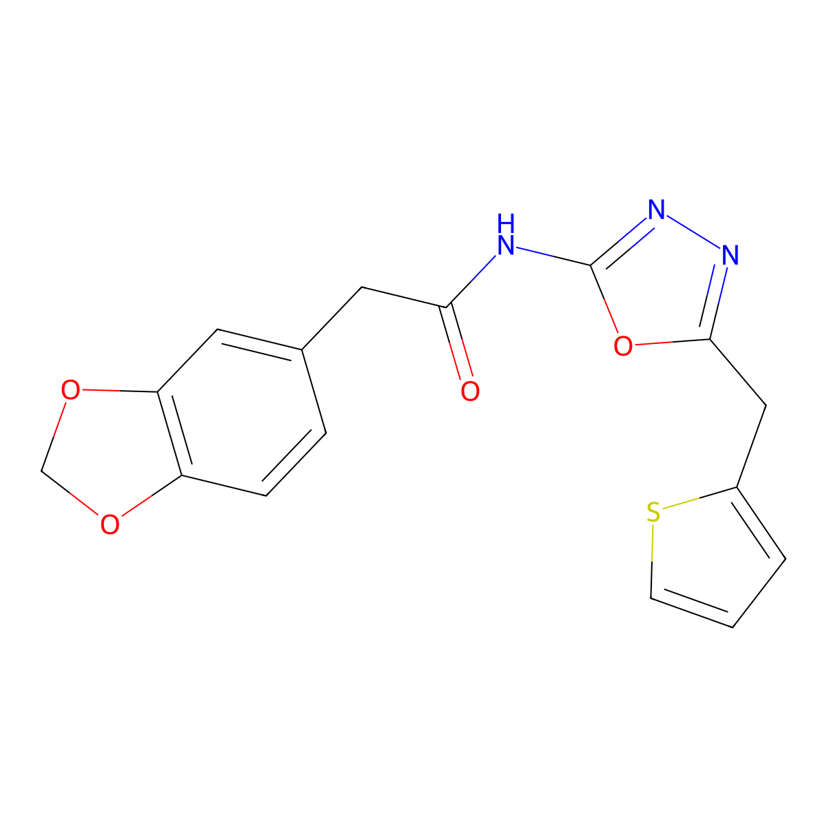 2-(benzo[d][1,3]dioxol-5-yl)-N-(5-(thiophen-2-ylmethyl)-1,3,4-oxadiazol-2-yl)acetamide molecular structure, CAS 1049244-53-2