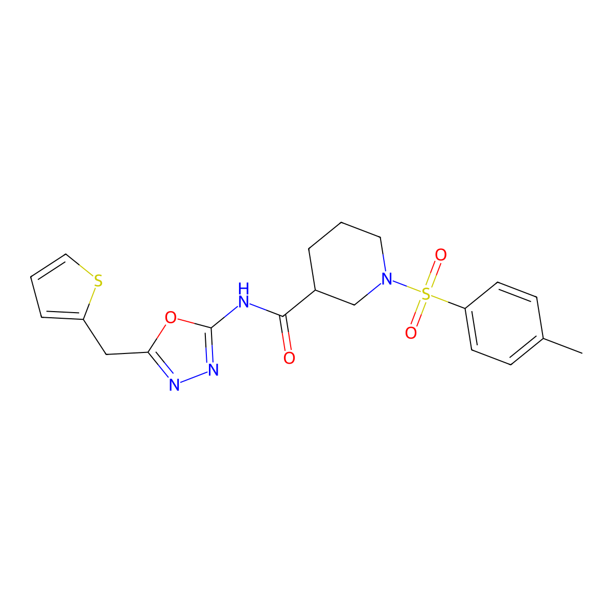 N-(5-(thiophen-2-ylmethyl)-1,3,4-oxadiazol-2-yl)-1-tosylpiperidine-3-carboxamide molecular structure, CAS 1049244-61-2