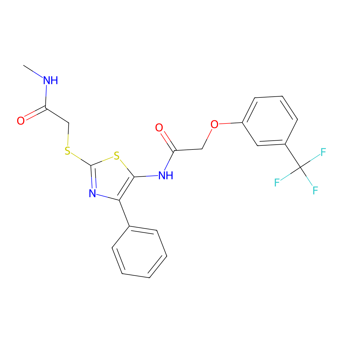 N-methyl-2-[(4-phenyl-5-{2-[3-(trifluoromethyl)phenoxy]acetamido}-1,3-thiazol-2-yl)sulfanyl]acetamide molecular structure, CAS 1049259-45-1