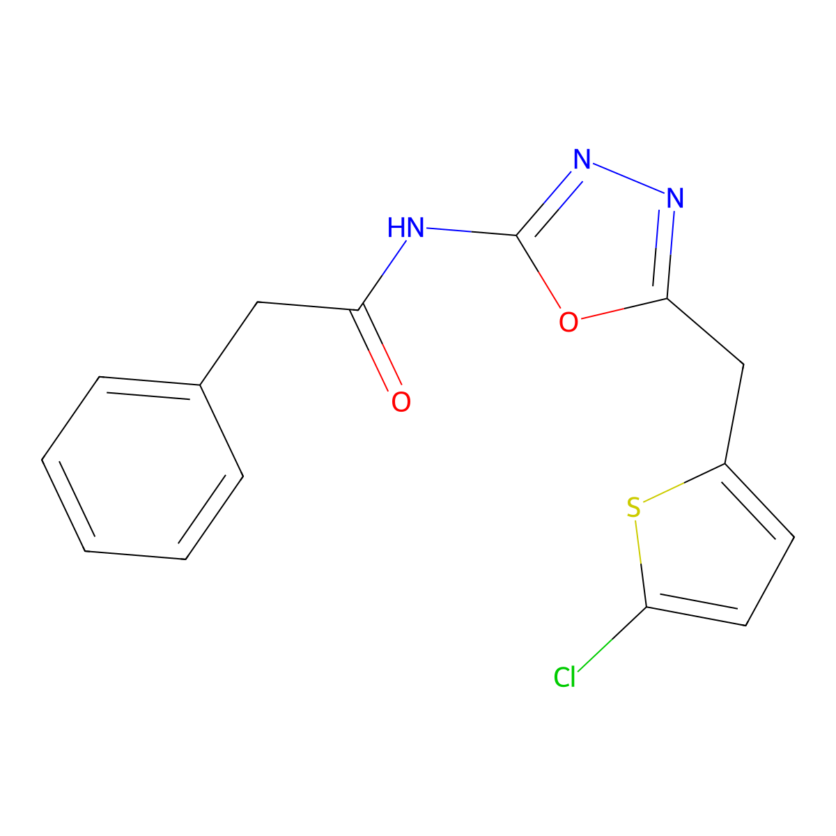 N-(5-((5-chlorothiophen-2-yl)methyl)-1,3,4-oxadiazol-2-yl)-2-phenylacetamide molecular structure, CAS 1049265-36-2