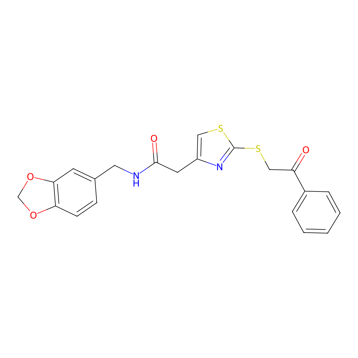 N-(benzo[d][1,3]dioxol-5-ylmethyl)-2-(2-((2-oxo-2-phenylethyl)thio)thiazol-4-yl)acetamide molecular structure, CAS 1049268-85-0